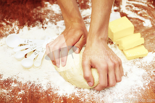 Image of Hands, dough and butter, bakery and flour with production, food and baker person in kitchen with ingredients. Bread, pastry or cookies with baking process, dessert or meal with catering and recipe