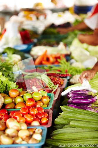 Image of Vegetables, market and food or hands for shopping with trader goods, sustainable store and vendor. Seller, people or small business table with tomato, onion and green stock for organic marketplace