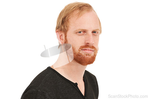 Image of Serious man, portrait and face of ginger standing or posing isolated against a white studio background. Male person or USA model with smirk, blue eyes and beard in casual fashion, style or mockup