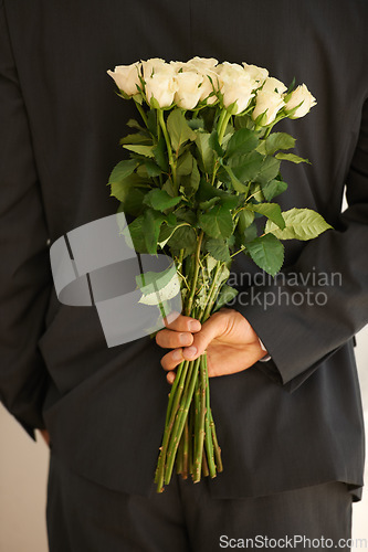 Image of Rose bouquet, behind back and in hand of person, surprise and gift with special time, anniversary or birthday. Romance, celebration and flowers, nature and secret present with date and event