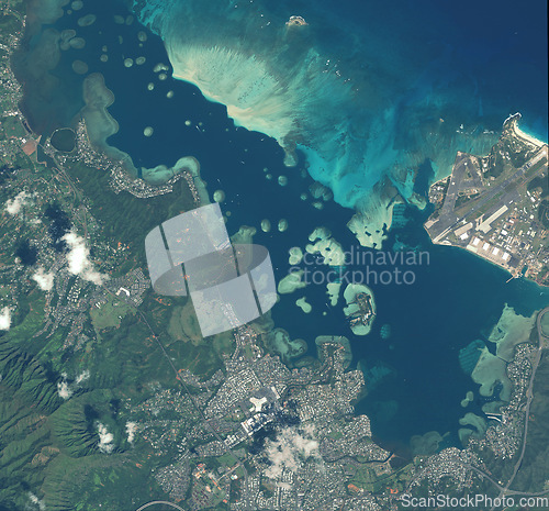 Image of Ocean, nature and aerial of earth for map with city landscape, environment and coast line. Geography, planet and satellite, top view and atmosphere of sea, buildings and clouds for travel destination