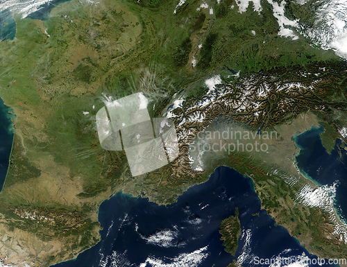 Image of Ocean, nature and aerial of earth for map to show landscape, environment and coast line. Geography, planet and satellite, top view and atmosphere of sea, grass and clouds for travel destination