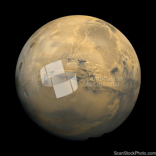 Image of Mars, planet and universe for solar system, nebula or science with mock up space on black background. Canyon, sky and innovation with research, milky way or astrology for exploration and discovery