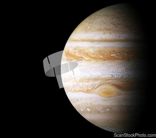 Image of Jupiter, planet and universe for solar system, nebula or science with mock up space on black background. Galaxy, sky and innovation with research, milky way or astrology for exploration and discovery