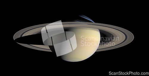 Image of Saturn, planet and universe for solar system, nebula or science with mock up space on black background. Galaxy, rings or innovation with research, milky way or astrology for exploration and discovery
