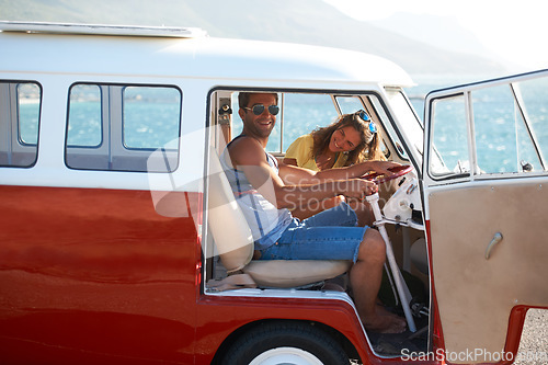 Image of Caravan, transportation and couple on road trip, travel and vacation with portrait of people in relationship. Happiness, freedom and together on adventure with transport, anniversary date and smile