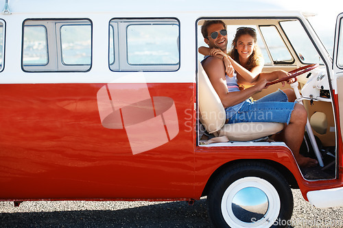 Image of Caravan, transport and couple on road trip, travel and vacation with portrait of people in relationship. Happiness, freedom and together on adventure with transportation, anniversary date and hug