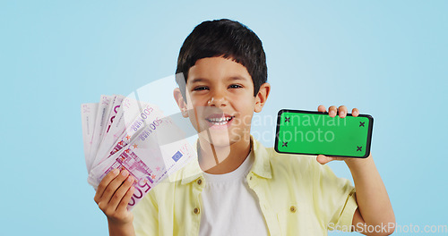 Image of Face of kid, money or phone green screen in studio on social media to win a cash prize or reward. Euros, blue background or happy child with notification for online marketing, mockup or advertising