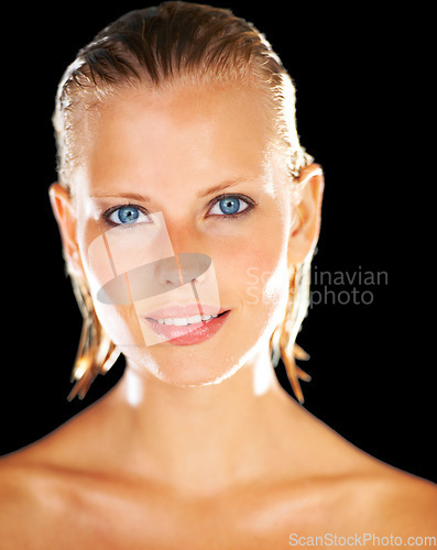 Image of Skincare, shower and portrait of woman on black background for wellness, grooming and satisfaction. Water, luxury spa and face of person with wet hair for beauty, washing and cleaning in studio