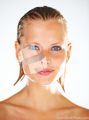 Image of Shower, cleaning and portrait of woman on a white background for wellness, grooming and cosmetics. Beauty, luxury spa and face of person with wet hair for washing, facial and skincare in studio