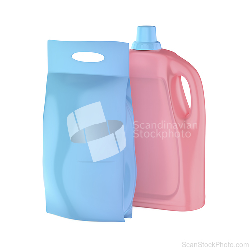 Image of Liquid detergent bottle and washing powder bag