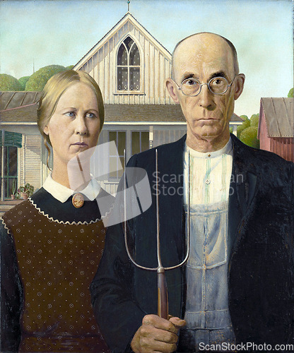 Image of American gothic, painting and portrait of farmer in art, history or people or architecture of house on canvas. Vintage, artwork and retro icon or character of culture in creative image and picture