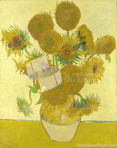 Image of Van Gogh, art and painting of sunflower, bouquet and vase on table with golden light in creative style. Vintage, artwork and sad still life of flowers on canvas, print or drawing in oil paint