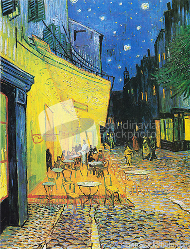 Image of Van Gogh, art and painting of cafe at night with dark street, restaurant and terrace with gold light in creative style. Vintage, artwork and coffee shop on canvas, print or drawing in oil paint