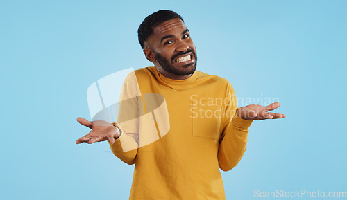 Image of Confused, hands and face of man in studio with dont know, gesture or ask on blue background. Why, portrait and guy model with oops, mistake or doubt, unsure or forget, guess or palm scale questions