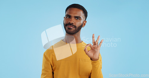 Image of Happy, face and man with perfect hands in studio for support, review or success, vote or agree on blue background. Smile, portrait and male model show ok, emoji or yes, thank you or feedback results