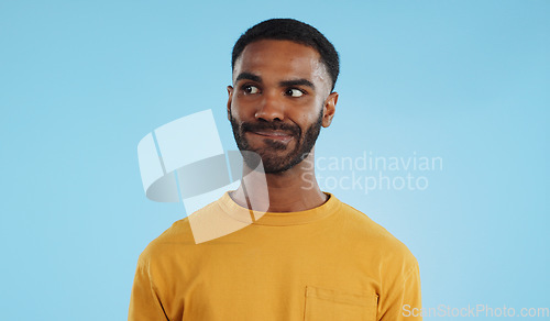 Image of Thinking, anxiety and stress of black man in studio isolated on a blue background mockup. Challenge, fear and scared person worry for financial crisis, bankruptcy and doubt mistake, nervous and fail