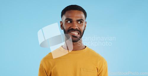 Image of Thinking, anxiety and stress of black man in studio isolated on a blue background mockup. Challenge, fear and scared person worry for financial crisis, bankruptcy and doubt mistake, nervous and fail
