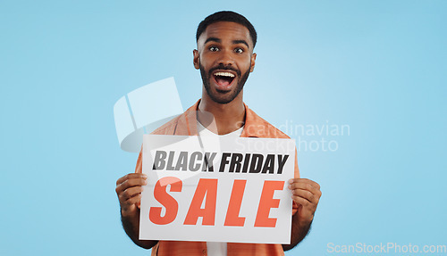 Image of Black Friday sales poster, happy man or surprise ads commercial, discount promo banner or studio sign. Billboard, info or portrait person presentation, announcement or notification on blue background