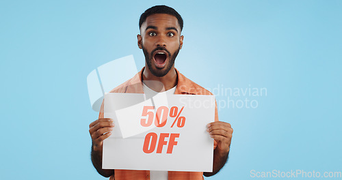 Image of Sales poster, happy man or surprise discount offer, studio promo banner and advertising brand, info or service. Billboard savings sign, wow commerce announcement or portrait person on blue background