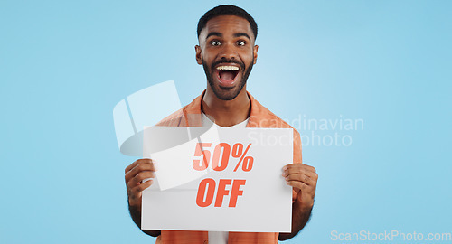 Image of Sales poster, happy man or surprise discount offer, studio promo banner and advertising brand, info or service. Billboard savings sign, wow commerce announcement or portrait person on blue background