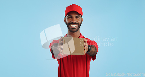 Image of Black man in portrait with delivery, box and ecommerce, distribution with supplier and service on blue background. Giving package, supply chain and logistics worker for shipping and courier in studio