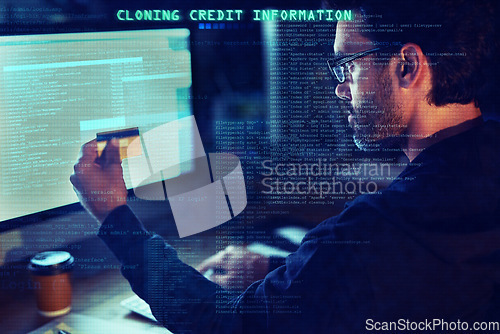 Image of Scam, credit card and overlay with man and computer for hacker, cyber security and password theft. Phishing, technology and night with person and online crime for crypto, malware and finance fraud