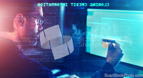 Image of Hacker, credit card and overlay with man and computer for scam, cyber security and password theft. Phishing, technology and night with person and online crime for crypto, malware and finance fraud