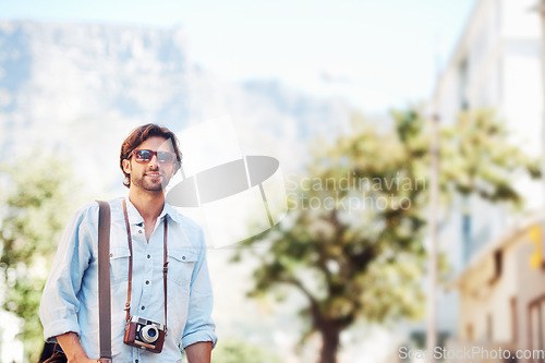 Image of Photographer, happy man or tourist on holiday, vacation or trip for a fun adventure in Italy with sunglasses. Summer mockup space, travel or person for camera or freedom sightseeing in nature journey