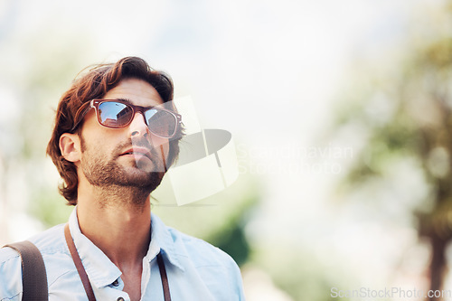 Image of Travel, man or tourist on holiday, vacation or weekend trip for a fun adventure in Italy with sunglasses. Bokeh mockup space, view or person with fashion or freedom sightseeing in nature journey