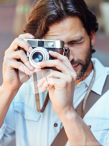 Image of Camera, photographer or man on holiday travel or vacation trip for creativity or tourism adventure in Italy. Photography, journalist or tourist sightseeing for pictures in urban town on journey