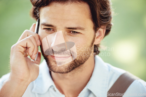 Image of Phone call, park or business man with job opportunity, career news or networking for professional deal. Break or entrepreneur speaking of feedback or listening on mobile communication in nature