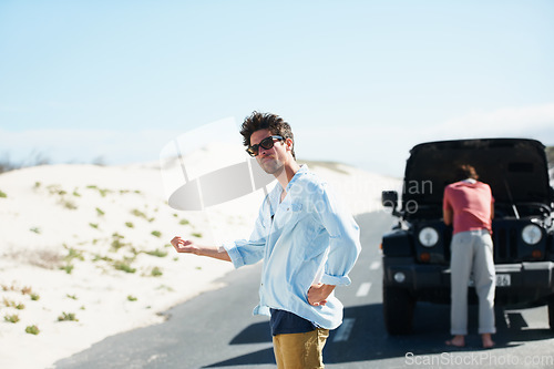Image of Men, car and hitchhiking in road for help or engine problem on roadtrip or journey outdoor in desert. People, travelers and transport risk in street or highway with roadside crisis and assistance