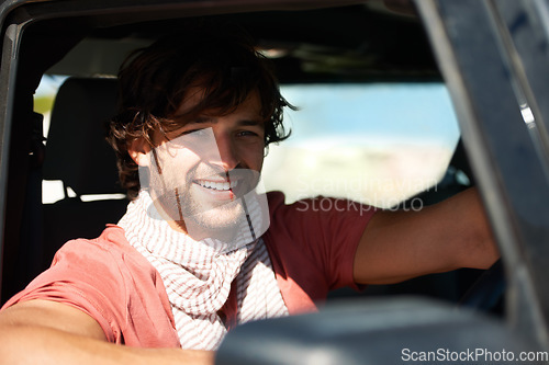 Image of Smile, portrait and man in car on road trip with freedom, travel and desert adventure for summer vacation. Transport, holiday journey and happy driver in van with nature, sunshine and countryside.