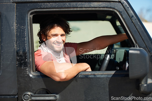 Image of Smile, portrait and man in van on road trip with freedom, travel and desert adventure for summer vacation. Transport, holiday journey and happy driver in car with nature, sunshine and countryside.