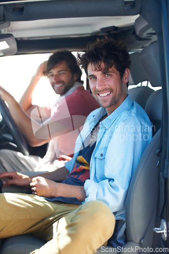 Image of Portrait, travel and happy men friends in a van for road trip, adventure or vacation together. Freedom, transportation and face of people relax in a vehicle for holiday, trip or traveling journey