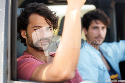 Image of Friends, portrait and men in car on road trip with freedom, travel and desert adventure for summer vacation. Transport, holiday journey and happy people in van with nature, sunshine and countryside.