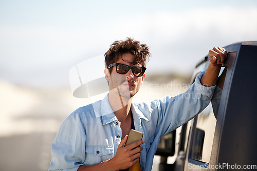 Image of Car road trip, mobile phone or man looking at direction, route and waiting for SUV support, vehicle help or automobile service. Cellphone, motor van or driver search transport booking, GPS or map app