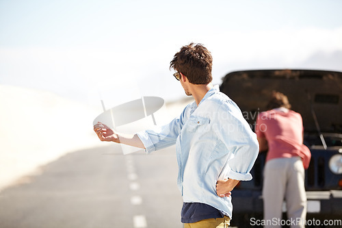 Image of Men, car or hitchhike for breakdown in road with crisis, engine problem or frustrated for help in desert. People, roadtrip or stress for assistance on adventure, journey or travel in nature or street