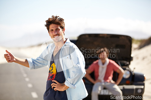 Image of Men, transport or hitchhiker for breakdown in road with crisis, engine problem or frustrated in desert. People, roadtrip or stress for assistance on adventure, journey or travel in nature or street