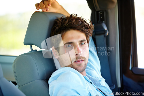 Image of Relax man, car portrait and road trip break, rest or wellness on street journey, summer travel or Canada vacation holiday. Moving automobile, driver and face of person driving in SUV, van or vehicle