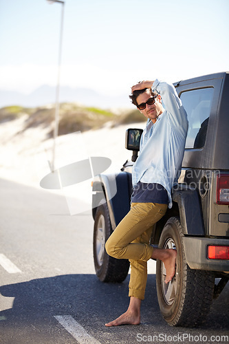 Image of Road trip, travel and man waiting for car help, support or service on road journey, summer adventure or street transportation. Automobile break, patience and person leaning on SUV, van or vehicle