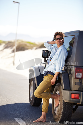 Image of Road trip, relax and man waiting for car help, support or motor service on journey, summer adventure or getaway on open road. Automobile breakdown, travel and male driver leaning on transport vehicle