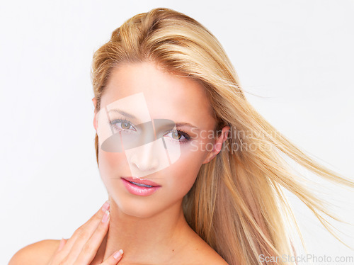 Image of Portrait, hair and wind with a natural woman in studio on a white background for luxury or keratin treatment. Face, beauty and haircare with a confident young model touching her skin at the salon