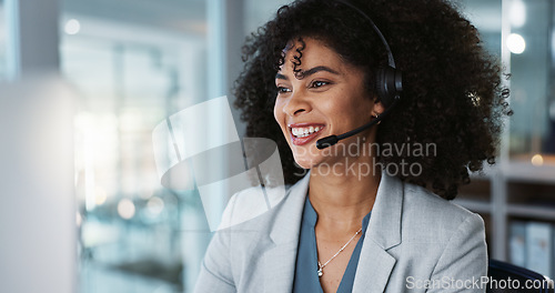 Image of Computer, call center and funny woman in customer service, tech support and talk to contact at help desk. Communication, telemarketing and African sales agent laughing, consulting and crm advisory