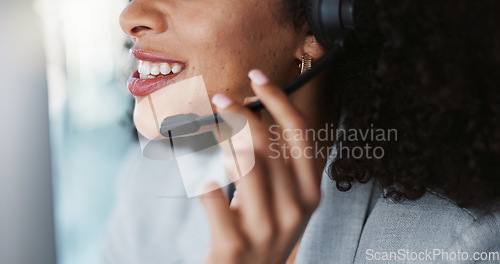 Image of Mouth, call center and woman talking in customer service, tech support and contact us at help desk. Telemarketing, closeup of lips and happy sales agent consulting in crm advisory for communication