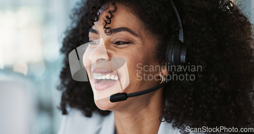 Image of Computer, call center and funny woman in customer service, tech support and talk to contact at help desk. Communication, telemarketing and African sales agent laughing, consulting and crm advisory