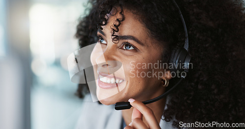 Image of Happy woman, face and consulting in call center, customer service or telemarketing at office. Friendly female person, consultant or agent smile laughing for funny joke, online advice or communication