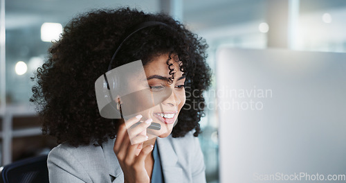 Image of Computer, call center and funny woman talking in customer service, tech support and contact us at help desk. Communication, telemarketing and happy sales agent laughing, consulting and crm advisory