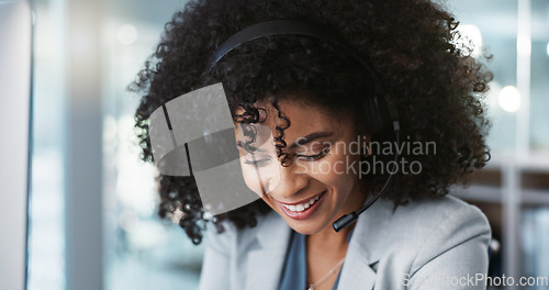 Image of Computer, call center and funny woman talking in customer service, tech support and contact us at help desk. Communication, telemarketing and happy sales agent laughing, consulting and crm advisory